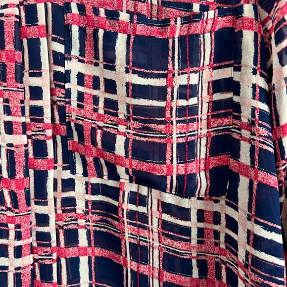 PaperMoon Stitch Fix XSP Navy pink pullover semi sheer, pockets, roll sleeve EUC - Picture 7 of 8